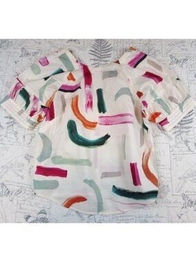 NEW Anthropologie Aimee Clarke Art Brushstroke Button Back Puff Slv Top Womens S